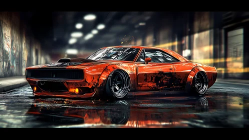 Street-forged muscle car ignites neon-soaked urban night.