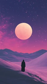 Lone wanderer under a colossal rose moon in violet dunes.