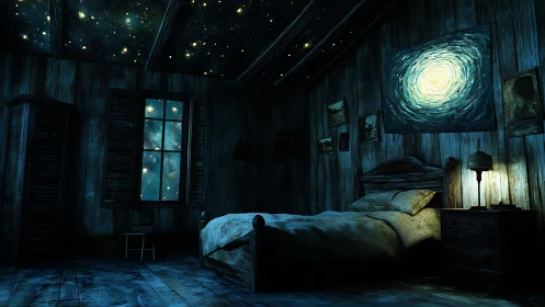 Wooden bedroom interior under starry ceiling and window view.