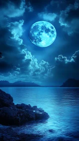 Blue full moon over tranquil nocturnal seascape.