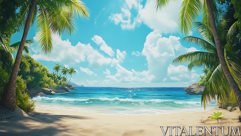 Tropical Coastline with Palm-Framed Sandy Beach and Turquoise Waters