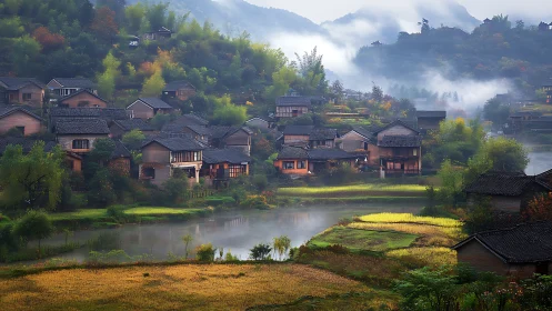 Mist-kissed riverside village cradled in painted autumn hills.