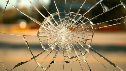 Radial spiderweb fracture in glass with shallow depth of field.