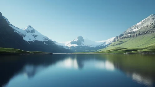 Snowcrowned peaks kiss a mirror-still alpine blue lake.