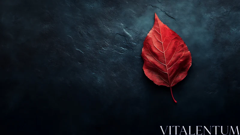 Crimson leaf macro on textured dark slate background.