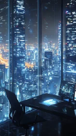 Midnight office lookout over a glittering cyber cityscape.