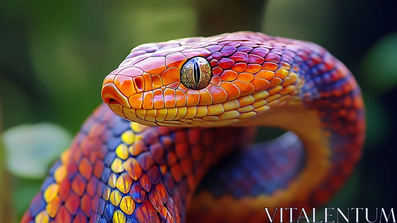 Iridescent coiled snake displays vivid multicolored scales