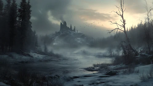 Lonely hilltop castle overlooks a frozen, misty river valley.
