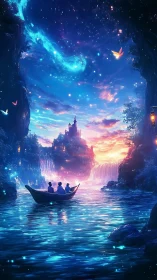 Boat drifts toward luminous waterfall castle at dusk.