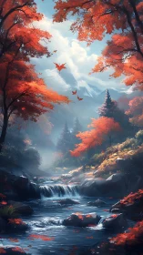 Crimson canopies crown a misty river valley in autumn bloom.