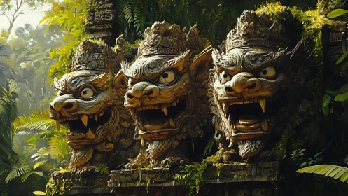 Ancient stone lion guardians roar within lush jungle ruin.