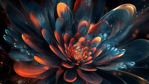 Stellar ember blossom unfolding in liquid midnight light.