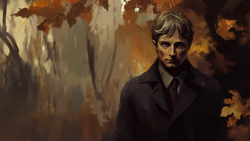 Male figure in coat within abstract autumn forest setting.
