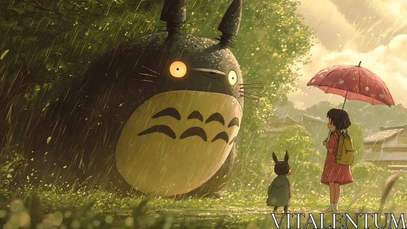 Gentle forest spirit meets children in a warm summer rain