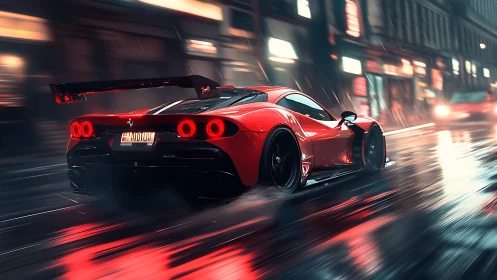 Red hypercar speeds through neon-lit rainy urban street.