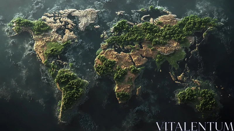 Forested world map rendered as floating terrestrial continents.