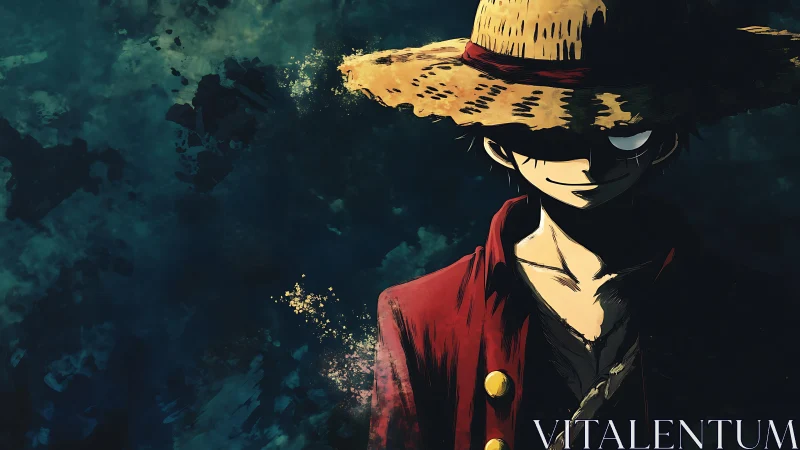 Straw-hatted anime figure emerges from deep textured shadows