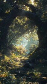 Ancient Tree Hollow Portal Golden Forest Light.