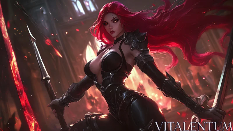 Armored red haired warrior with twin blades in hall.