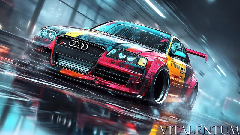 Neon-soaked street racer sliding through a rainy night.