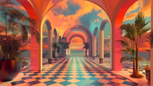 Sunset-illuminated neoclassical arcade with tiled floor and palms