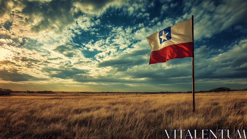 Lone star flag ripples above golden prairie at sunset