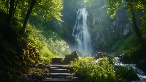 Sunlit forest path leading to a gentle, misty waterfall.