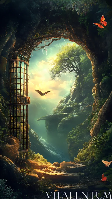 Sunlit cliffside portal opening toward misty fantasy valley