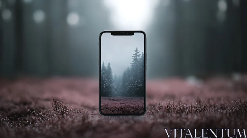 Smartphone Framing Misty Forest Landscape with Pine Trees.