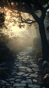 Misty Forest Path with Ancient Tree and Stone Trail.
