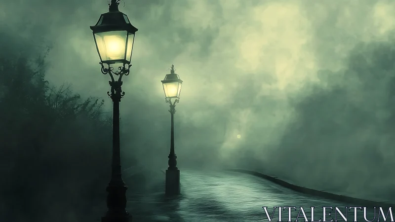 Foggy riverside path with vintage streetlamps at night.