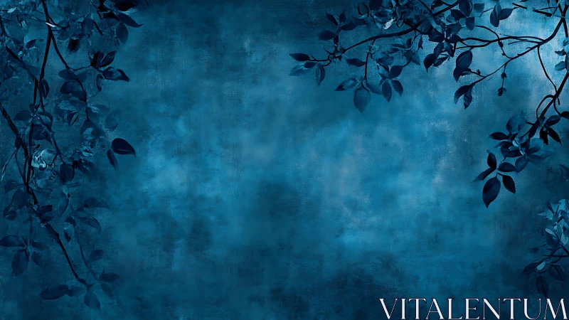 Nocturnal foliage framing textured cyan mist background.