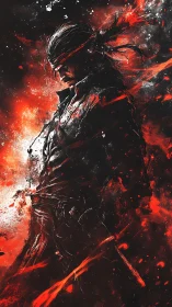 Lone warrior wrapped in firelit shadows and fierce resolve.