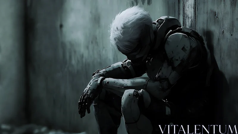 Solitary cybernetic warrior rests in a shadowed concrete alley