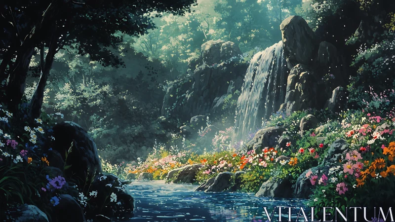 Sunlit forest waterfall pours into a flower-lined stream.