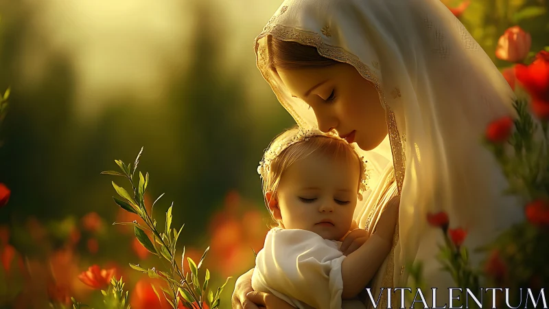 Photorealistic maternal portrait in golden floral environment.