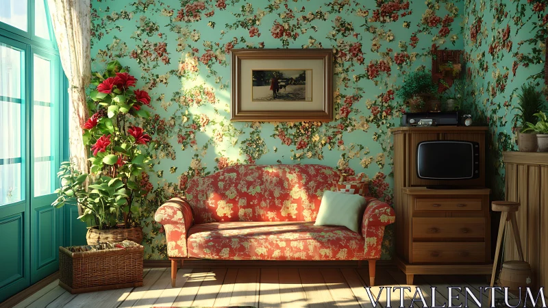 Sunlit floral sofa in a retro cozy living room corner.