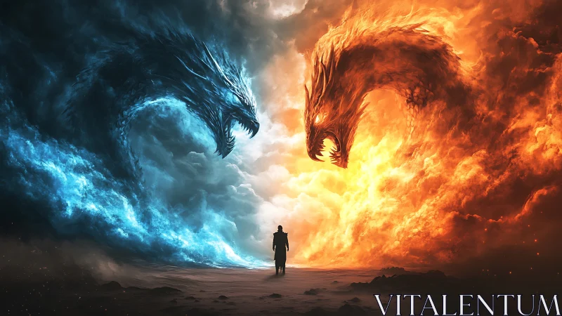 Human figure between opposing fire and ice dragon forms.