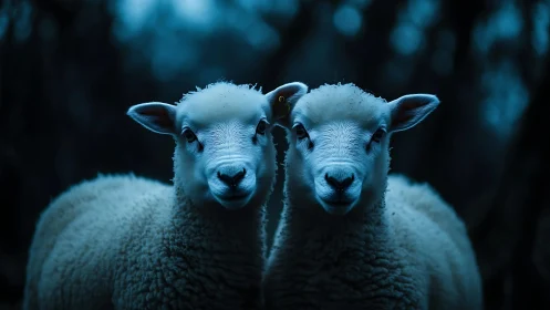 Moonlit twin lambs plotting quiet mischief in blue hush.