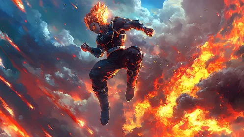 Armored anime warrior descends through incendiary cloudscape