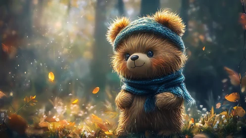 Autumn forest teddy bear wrapped in knitted teal scarf.
