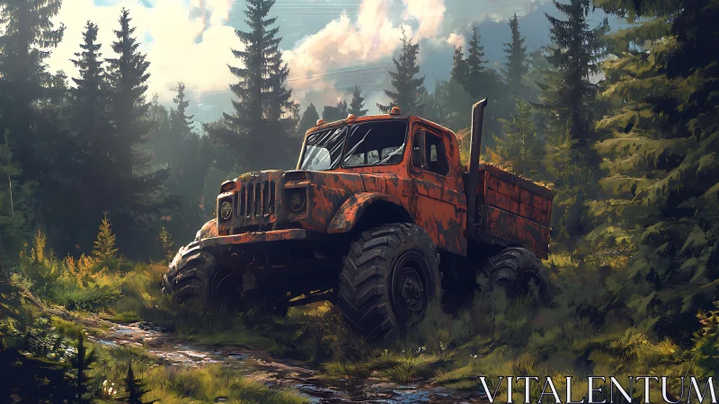 Rusted off road truck stranded on muddy forest trail.