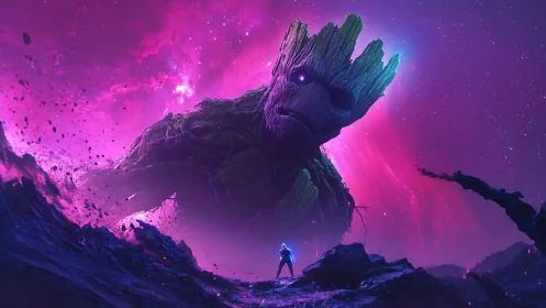 Colossal cosmic tree titan towers over lone explorer