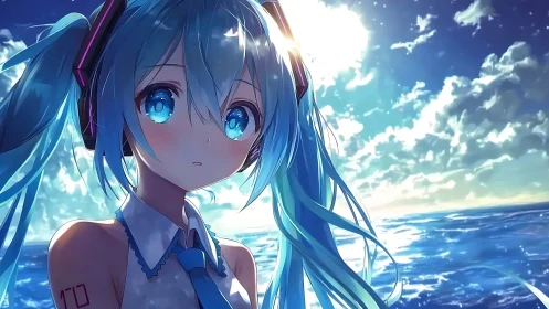 Blue haired character with headphones by sunlit ocean horizon.