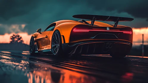 Orange hypercar on wet racetrack at dramatic sunset.
