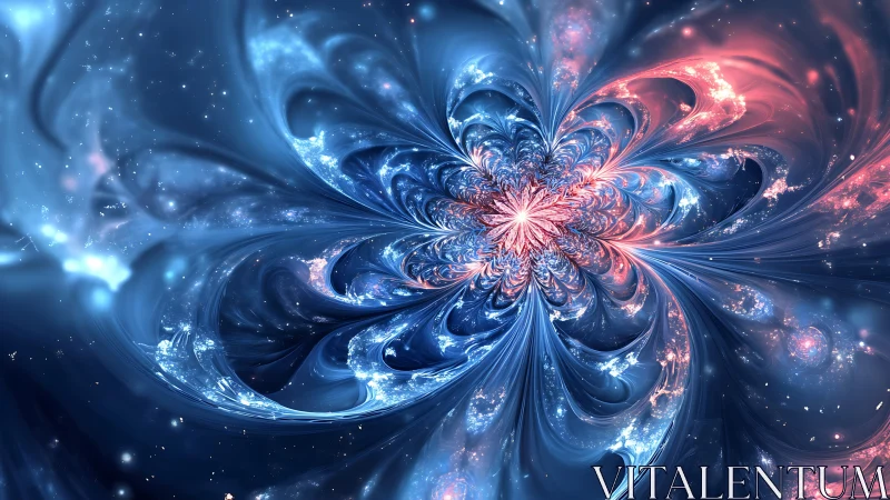 Fractal cosmic flower with swirling blue and pink light.