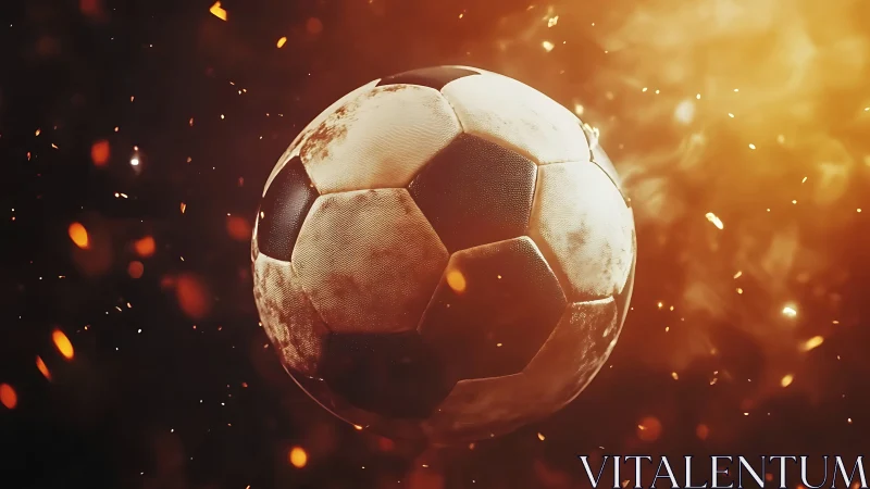 Soccer ball floats amid glowing orange sparks and smoke
