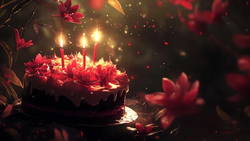 Luminescent Birthday Cake With Burning Candles and Red Flowers.