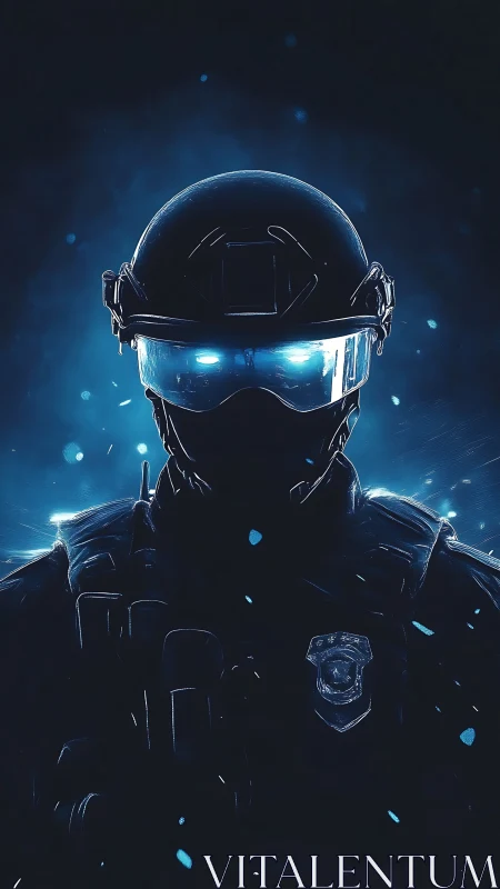 Futuristic tactical soldier in glowing blue visor stormlight.
