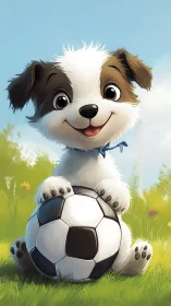 Cartoon puppy grips soccer ball under soft daylight shading
